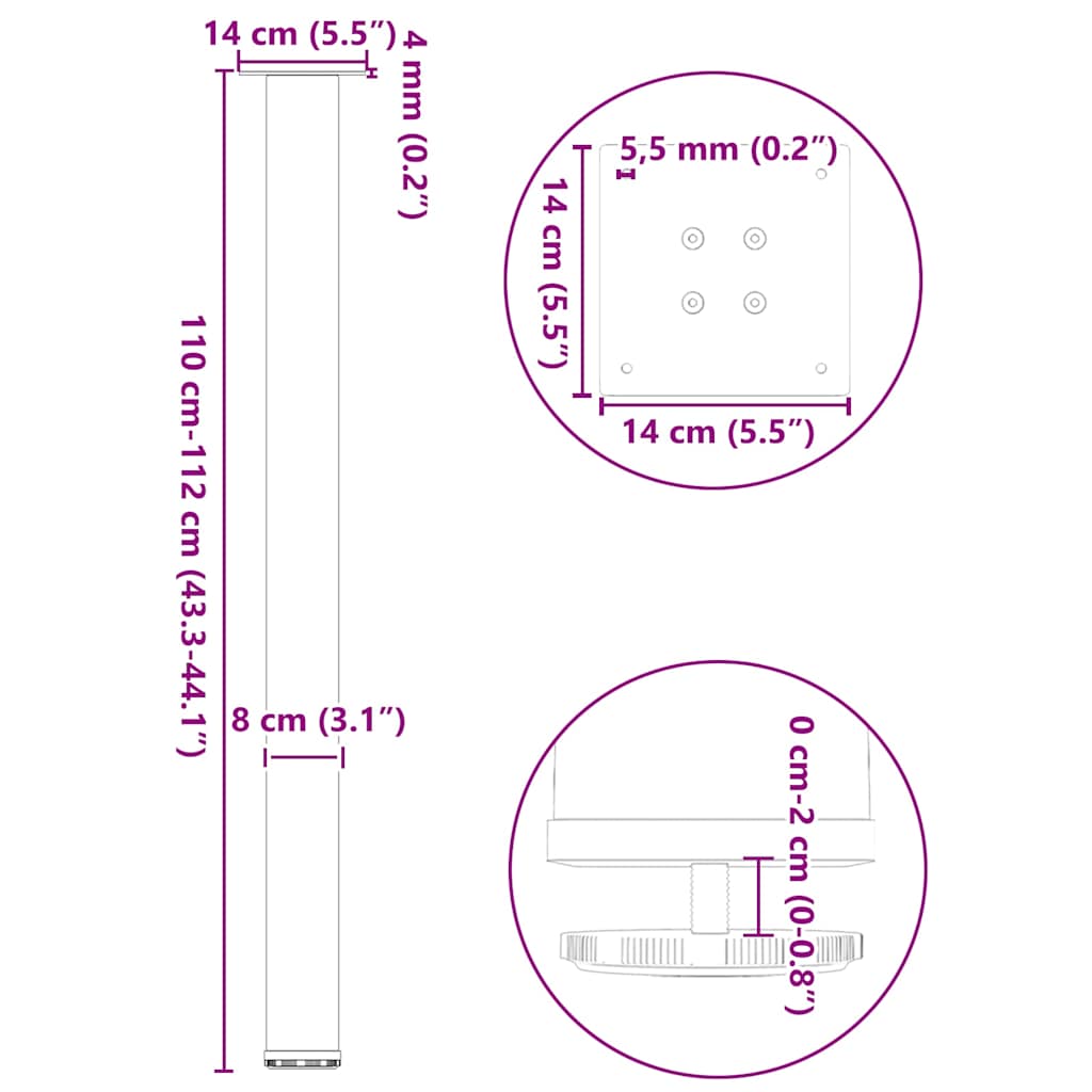 Bartischbeine 4 Stk. Schwarz 100-102 cm Stahl