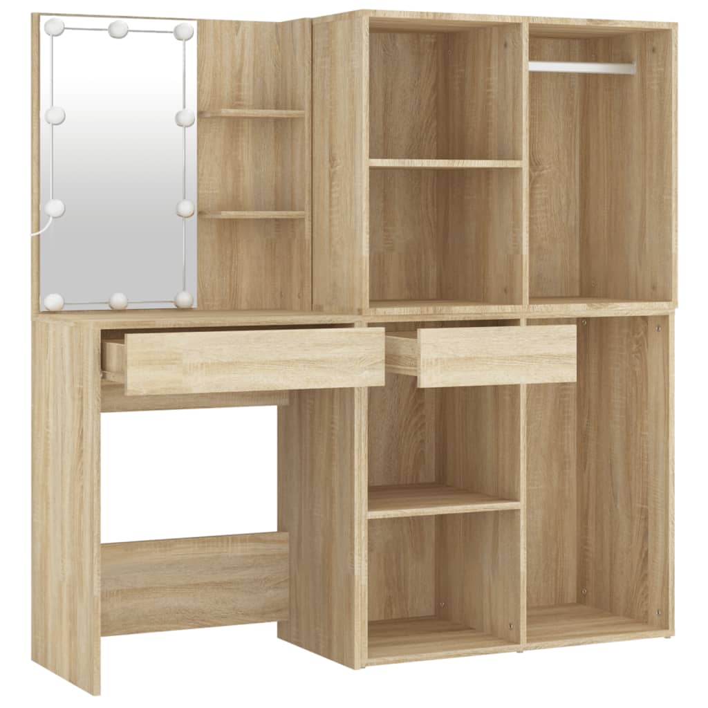 LED-Schminktisch mit 2 Schränken Weiß Holzwerkstoff