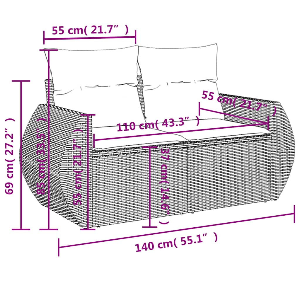 10-teiliges Gartensofa-Set mit Kissen, schwarzes Polyrattan