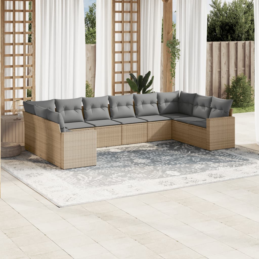10-tlg. Garten-Sofagarnitur mit Kissen Schwarz Poly Rattan