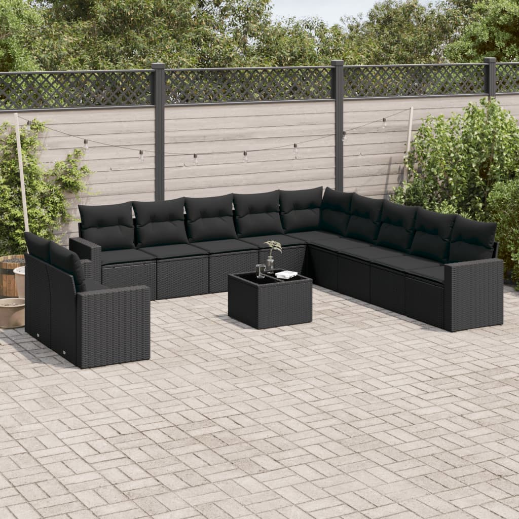 11-tlg. Garten-Sofagarnitur mit Kissen Schwarz Poly Rattan