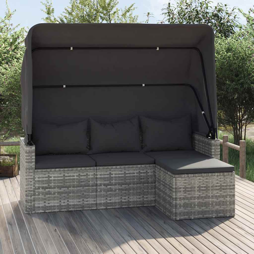 3-Sitzer-Gartensofa mit Dach und Fußhocker Schwarz Poly Rattan