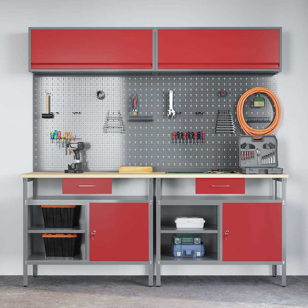 Werkbank-Set mit Schubladen 2 pcs Rot und Grau 200 x 55 x 85 cm