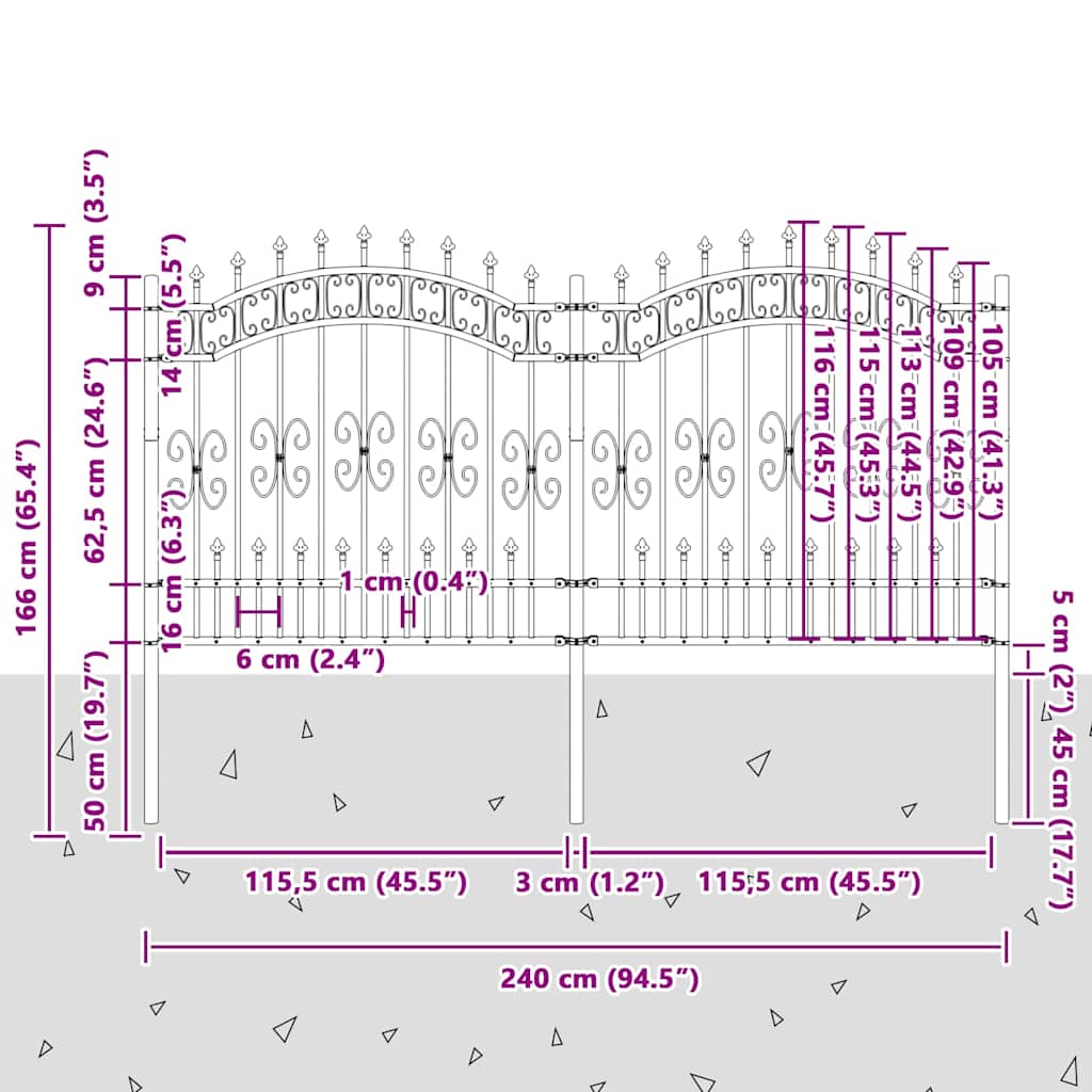 Gartenzaun KAMPEN mit Speerspitze Schwarz 240 x 75 cm Stahl