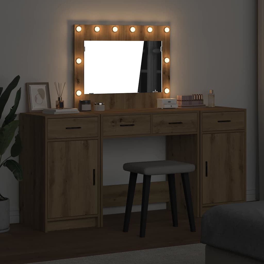 Schminktisch mit Spiegelbeleuchtung 3 pcs Weiß Holzwerkstoff