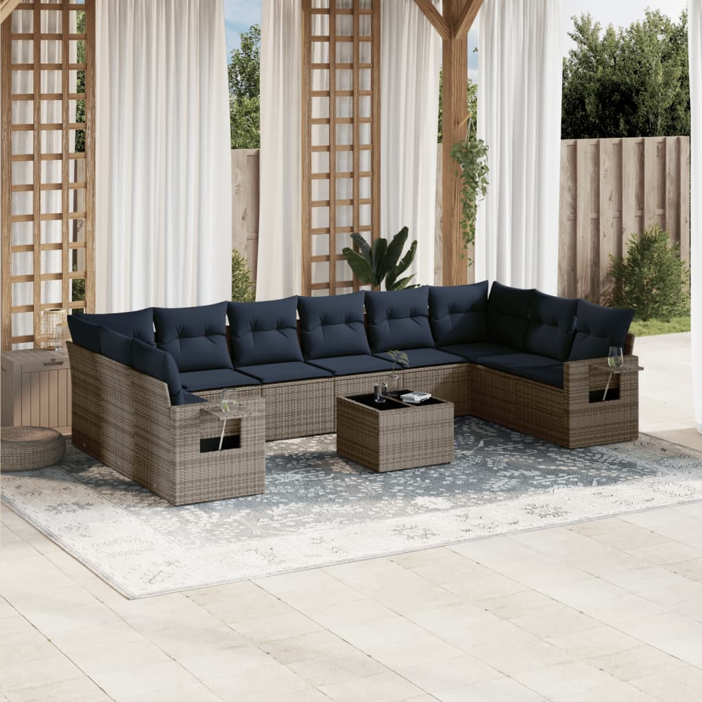 10-teiliges Gartensofa-Set mit Kissen, schwarzes Polyrattan