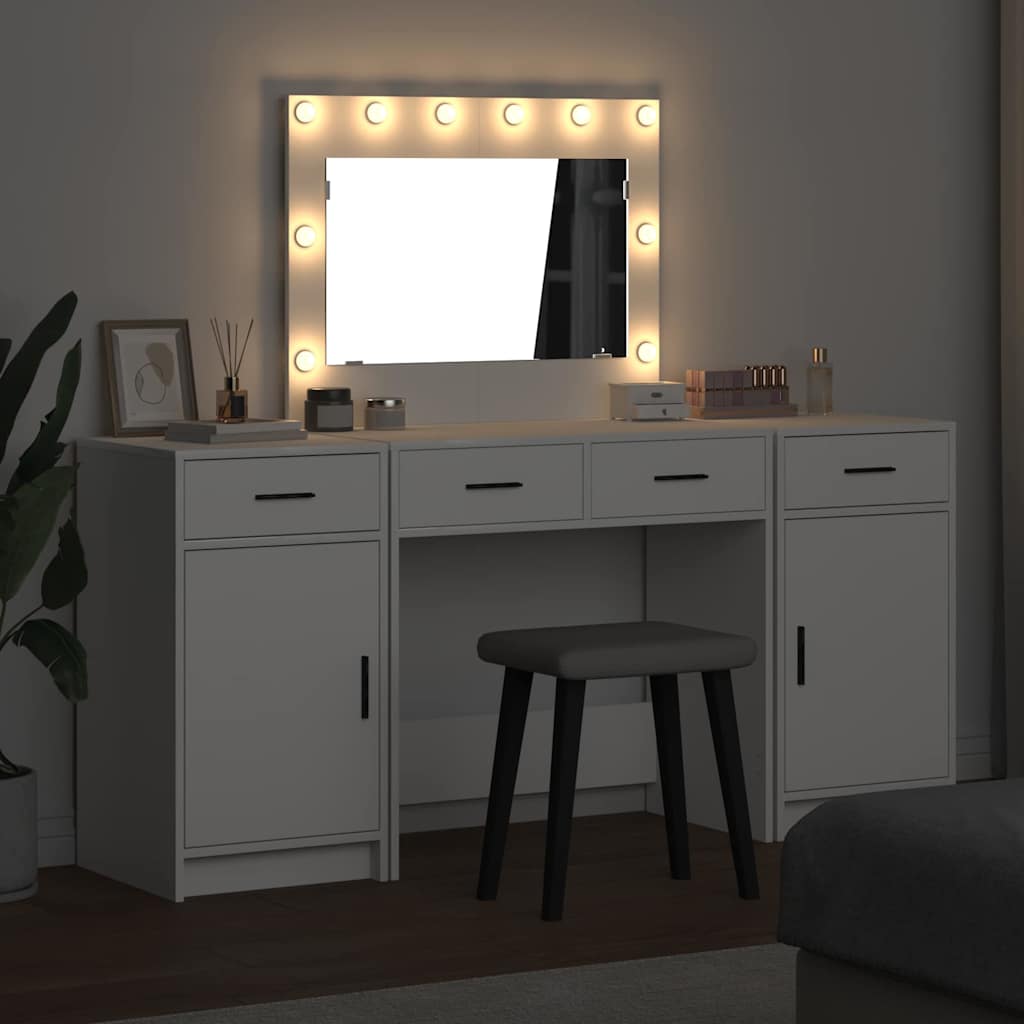 Schminktisch mit Spiegelbeleuchtung 3 pcs Weiß Holzwerkstoff