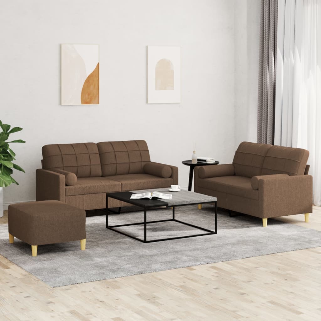 3-tlg. Sofagarnitur mit Kissen Creme Stoff