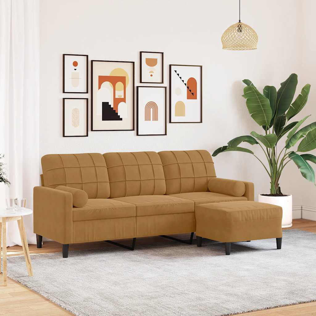 3-Sitzer-Sofa mit Hocker Hellgrau 180 cm Samt