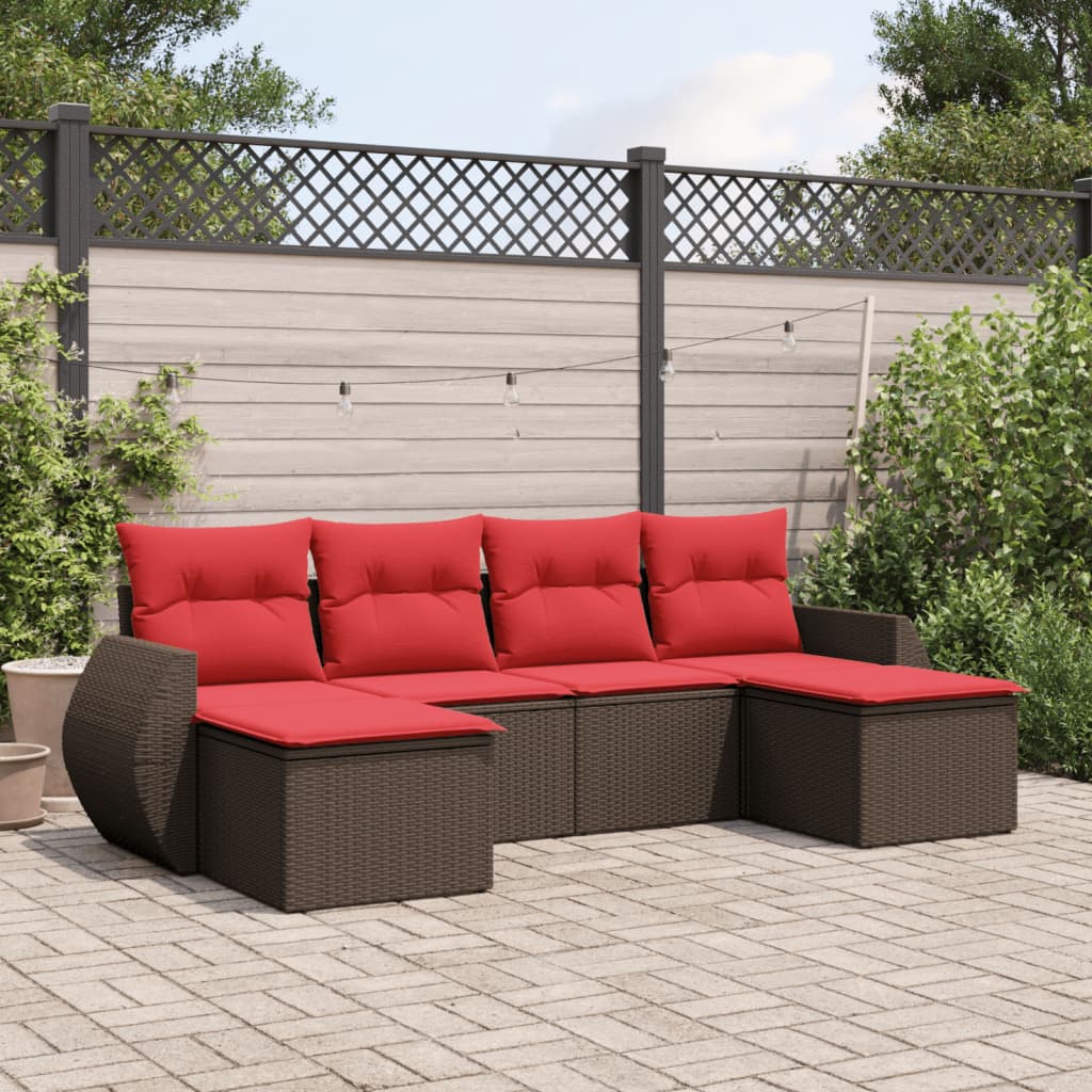 6-teiliges Gartensofa-Set mit Kissen, schwarzes Polyrattan