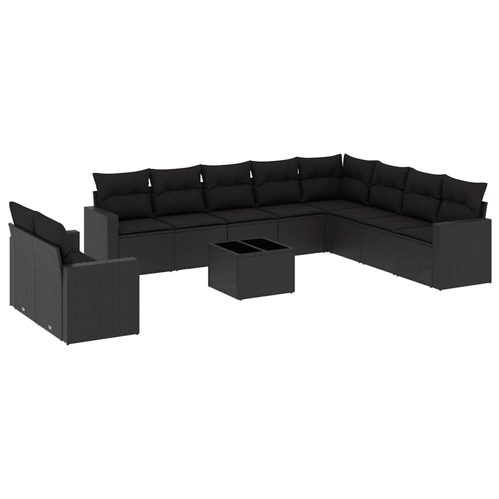 10-tlg. Garten-Sofagarnitur mit Kissen Schwarz Poly Rattan