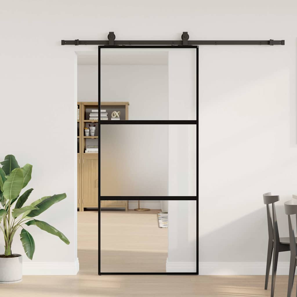 Schiebetür mit Beschlag Schwarz 76x205 cm Hartglas