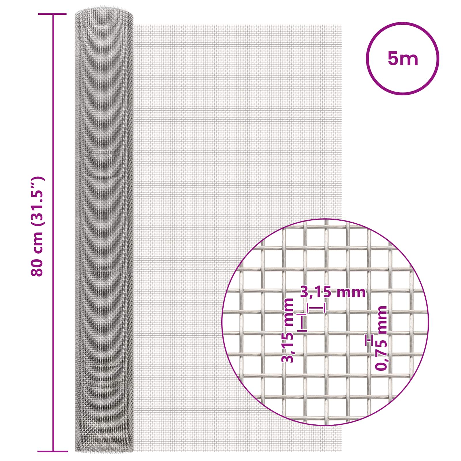 Mesh Bildschirm 20 x 500 cm 20 Mesh Edelstahl 201 Silber
