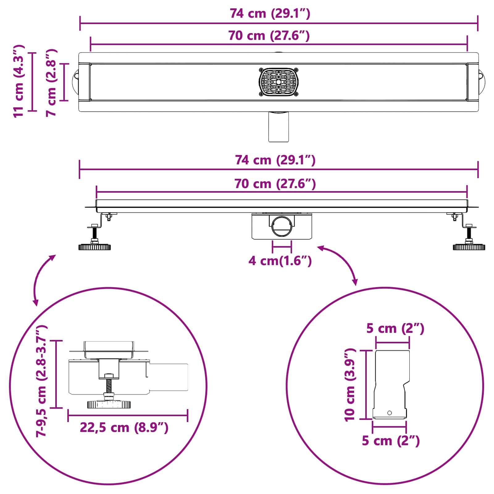 Duschabfluss mit Glashülle und 360° Siphon Schwarz 50 cm