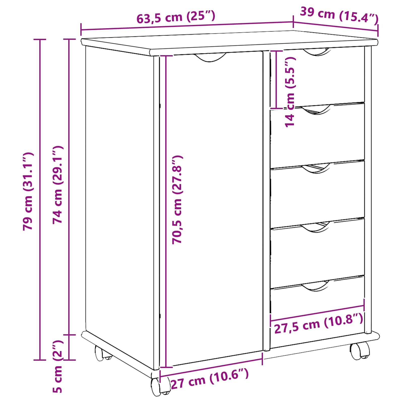 Rollschrank Honigbraun 63,5 x 39 x 79 cm Massivholz Kiefer