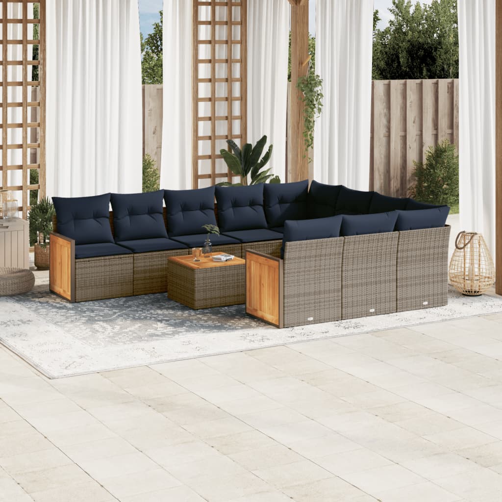 10-teiliges Gartensofa-Set mit Kissen, schwarzes Polyrattan