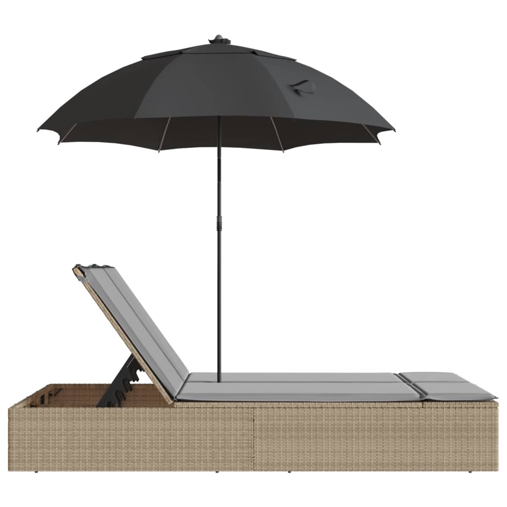 Doppel-Sonnenliege mit Kissen&Sonnenschirm Schwarz Poly Rattan
