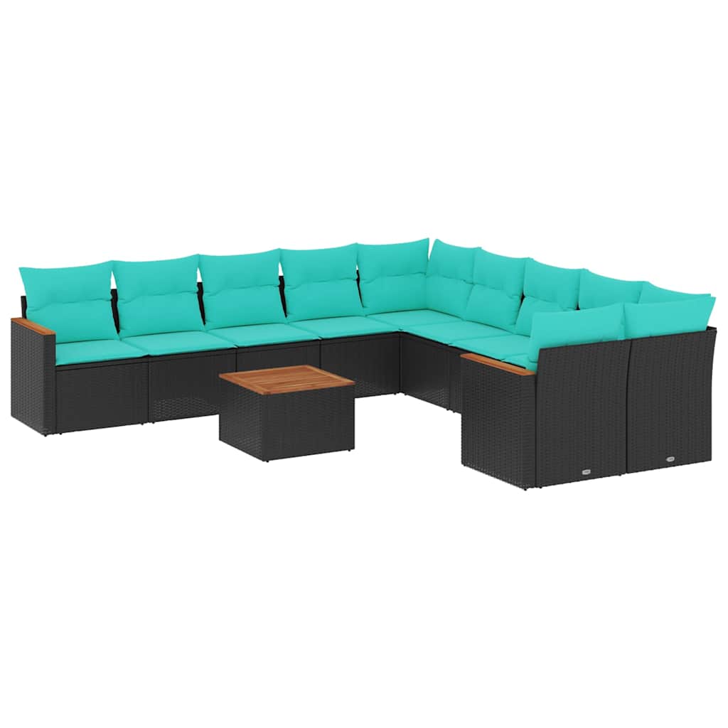 10-teiliges Gartensofa-Set mit Kissen, schwarzes Polyrattan