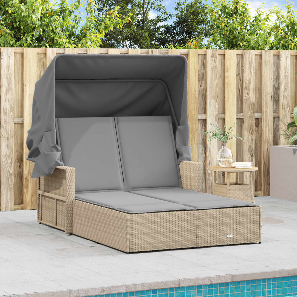 Doppel-Sonnenliege mit Dach und Auflagen Schwarz Poly Rattan