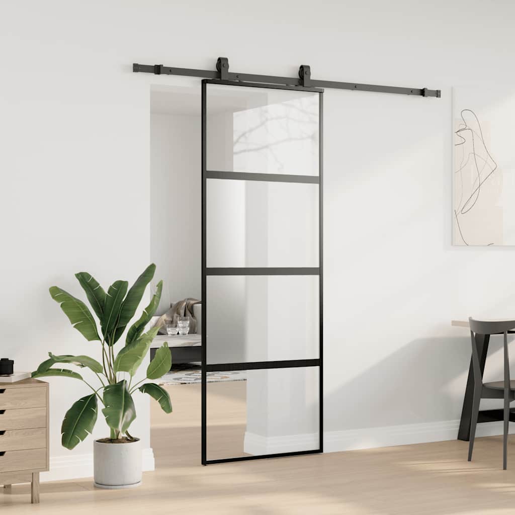 Schiebetür mit Beschlag Schwarz 76x205 cm ESG-Glas