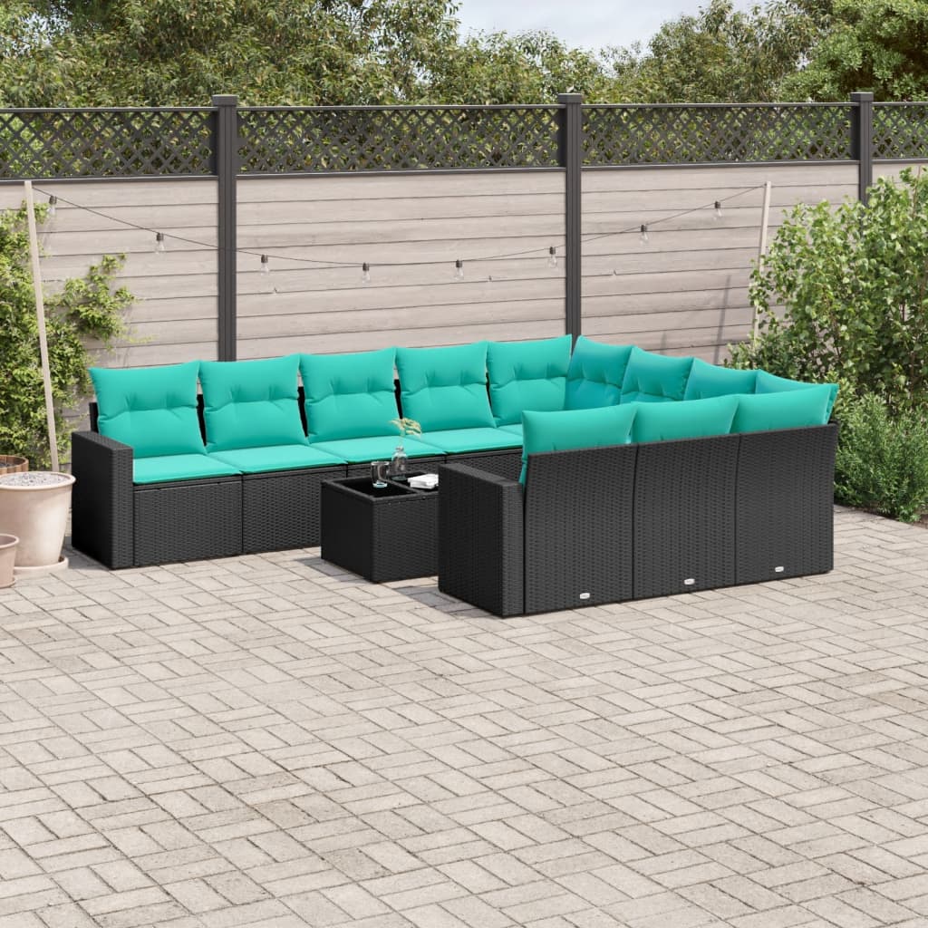 10-tlg. Garten-Sofagarnitur mit Kissen Schwarz Poly Rattan