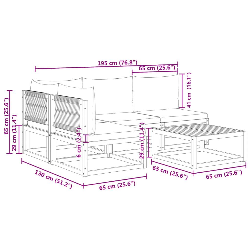 6-tlg. Gartensofa-Set mit Kissen Holz Akazie & Seil