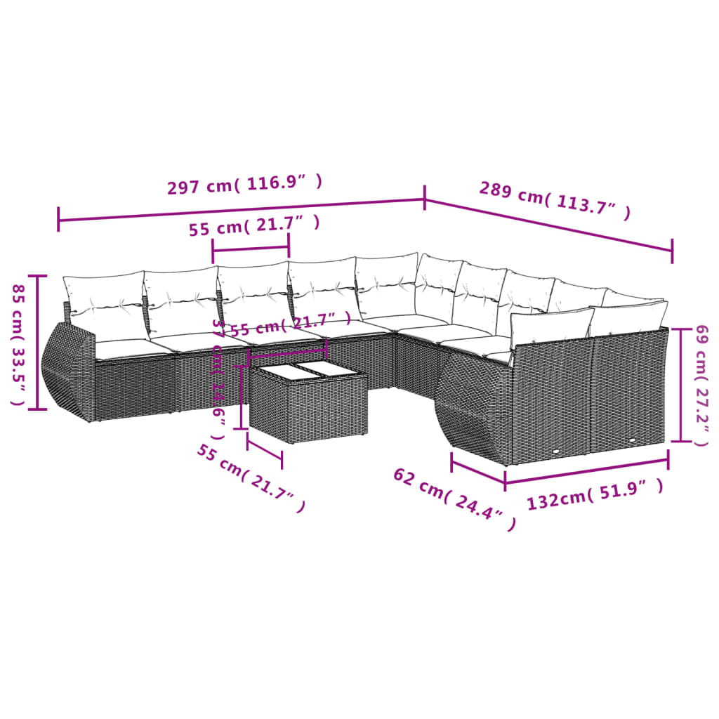 10-tlg. Garten-Sofagarnitur mit Kissen Schwarz Poly Rattan
