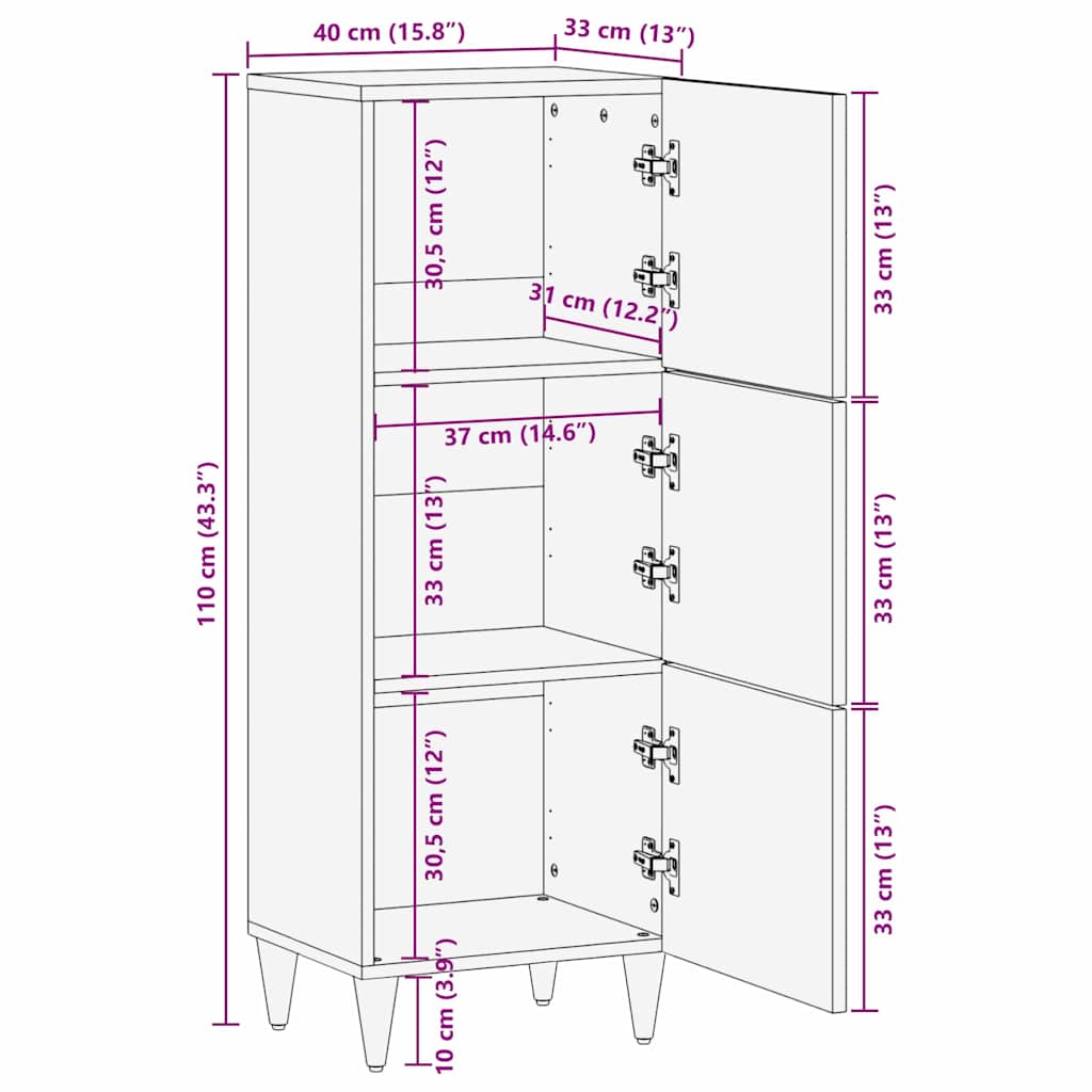Highboard mit Regal Braun 40 x 33 x 110 cm Massivholz Mango