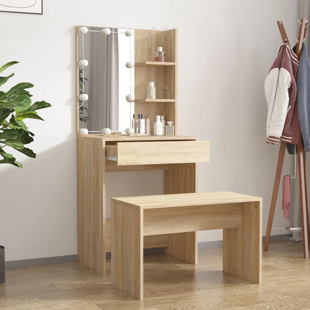 Schminktisch-Set mit LED Weiß Holzwerkstoff