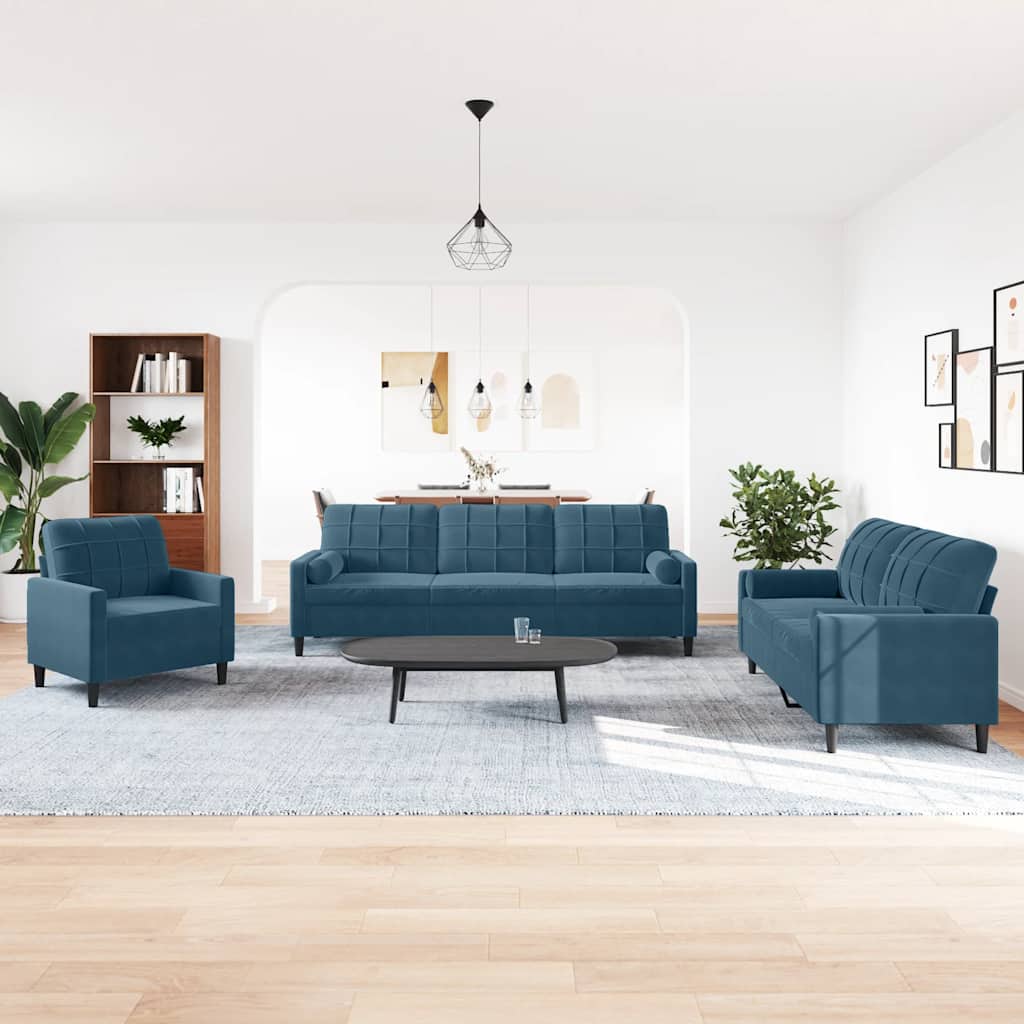3-tlg. Sofagarnitur mit Kissen Hellgrau Samt