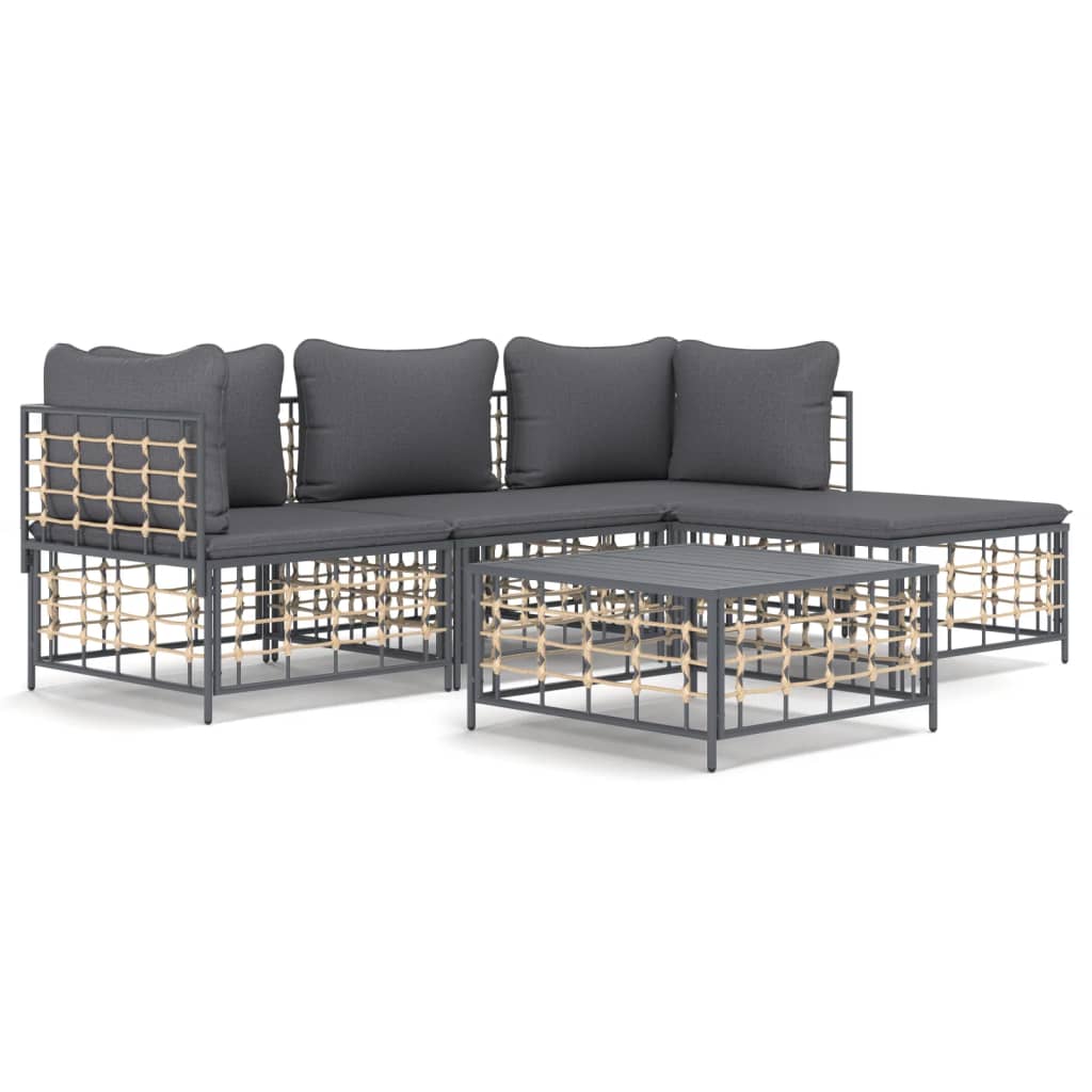 5-tlg. Garten-Lounge-Set mit Kissen Anthrazit Poly Rattan