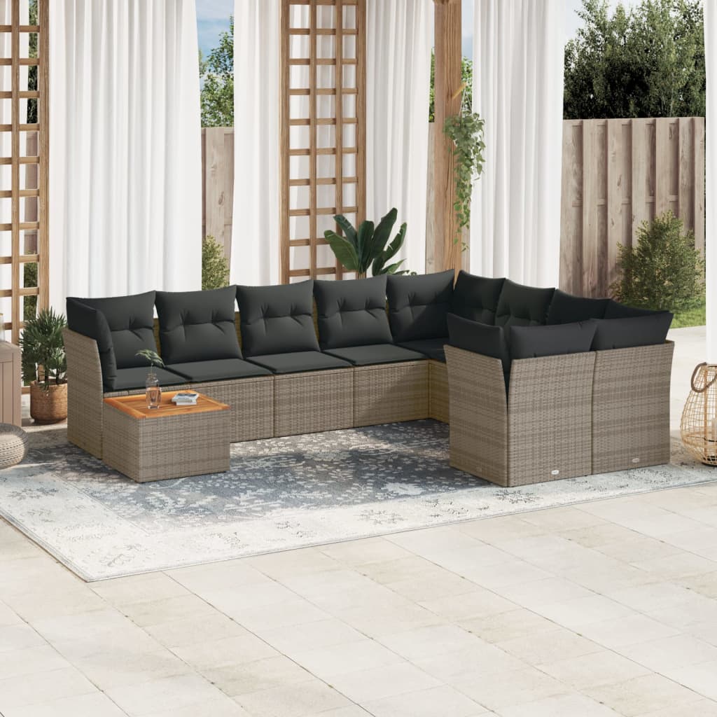 10-tlg. Garten-Sofagarnitur mit Kissen Schwarz Poly Rattan