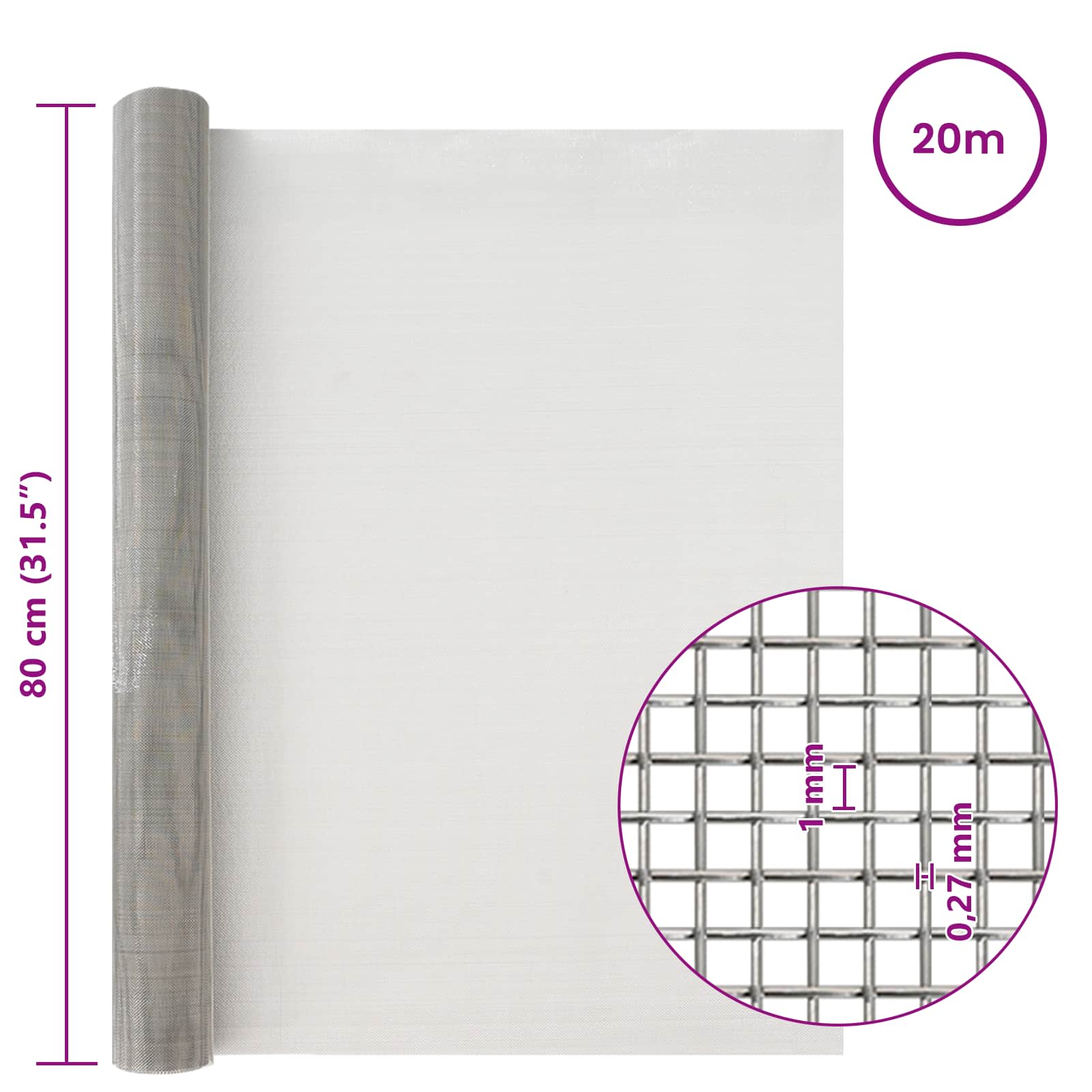 Mesh Bildschirm 20 x 500 cm 20 Mesh Edelstahl 201 Silber