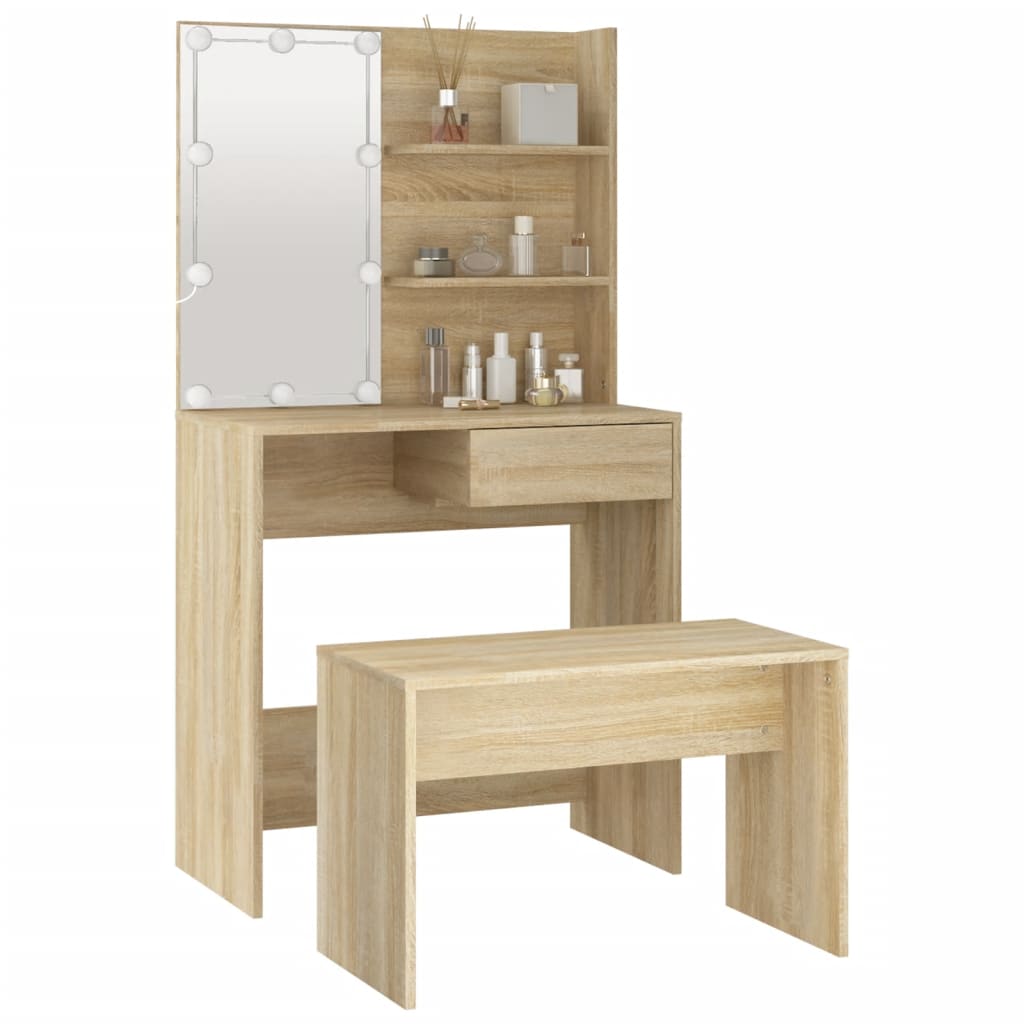 Schminktisch-Set mit LED Weiß Holzwerkstoff