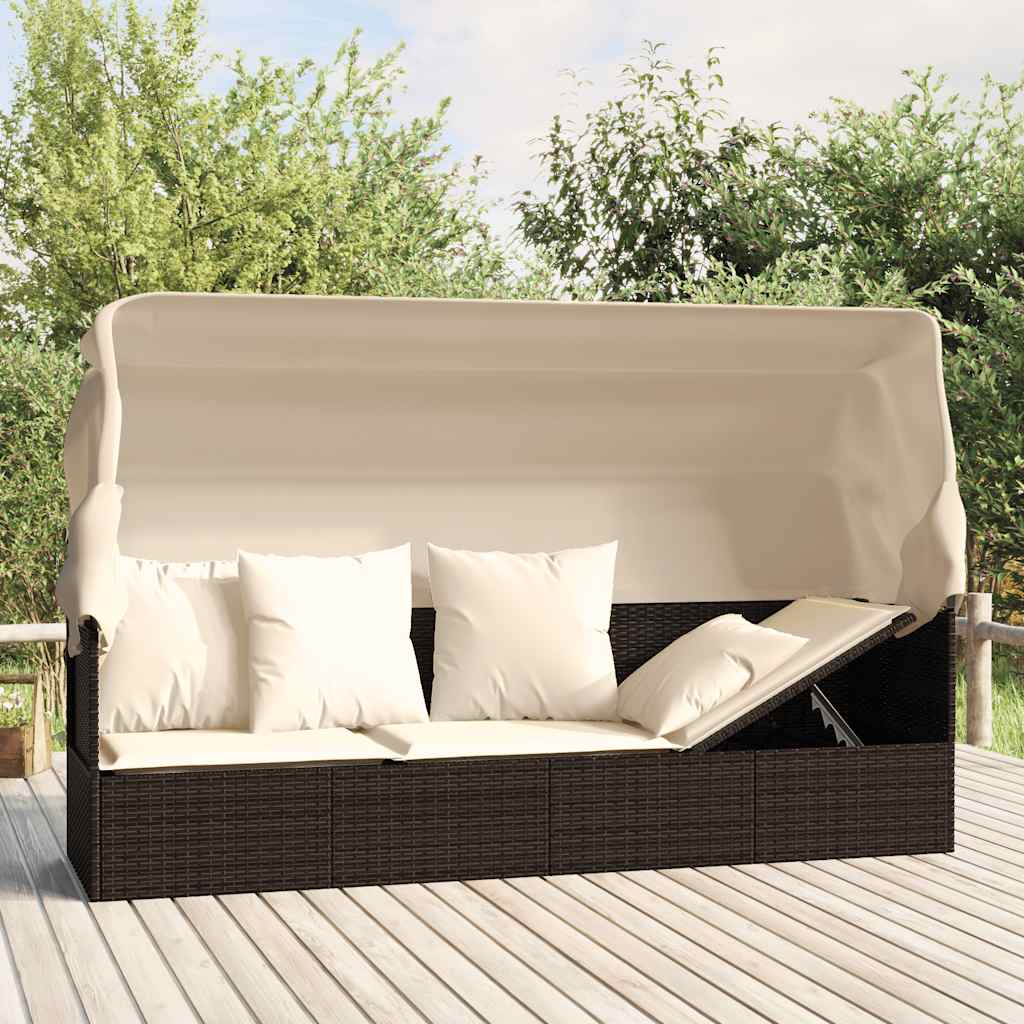 Outdoor-Loungebett mit Dach und Kissen Schwarz Poly Rattan