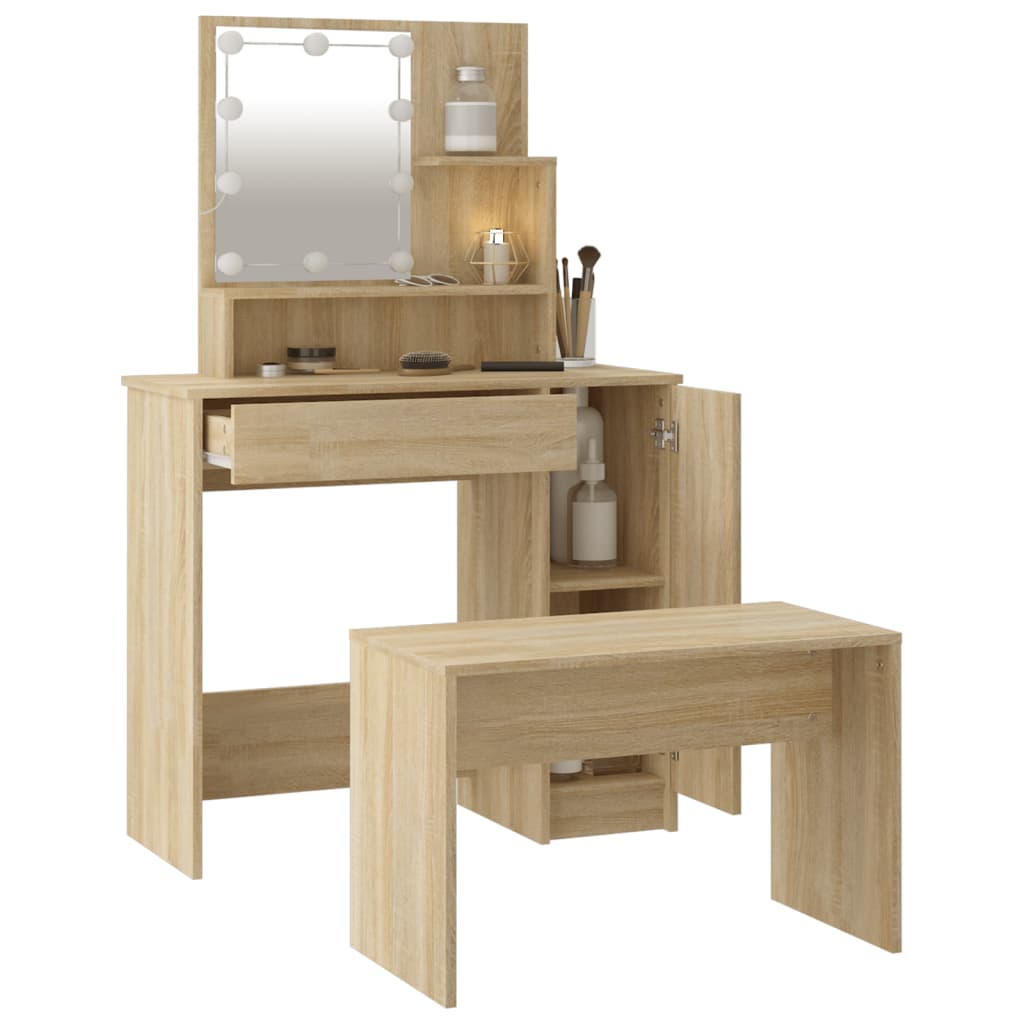 Schminktisch-Set mit LED Weiß Holzwerkstoff