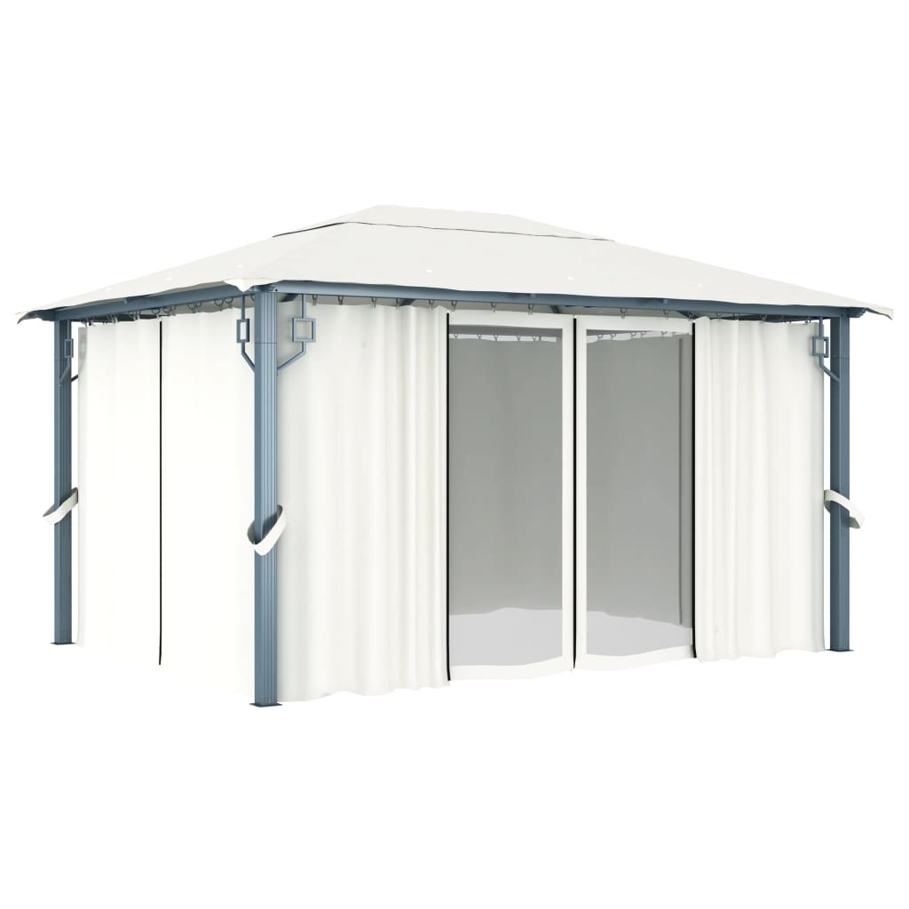 Pavillon mit Vorhängen & LED-Lichterkette 300x300 cm Creme Alu