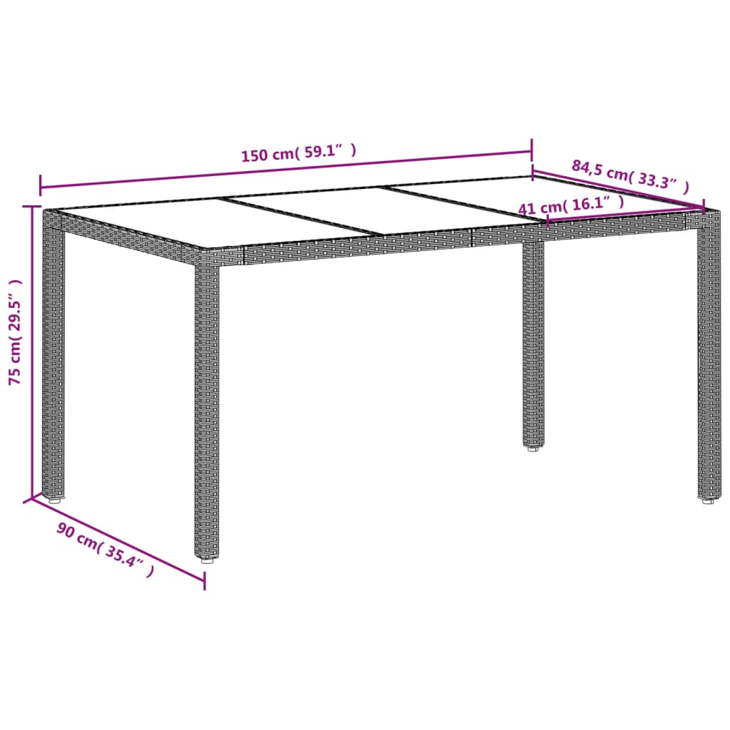 Gartentisch 150x90x75 cm Hartglas und Poly Rattan Schwarz