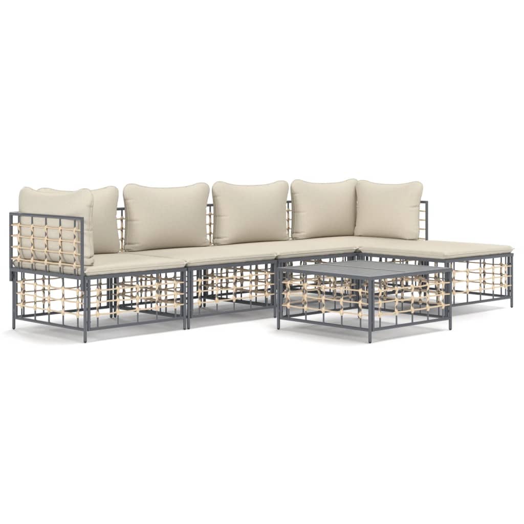 5-tlg. Garten-Lounge-Set mit Kissen Anthrazit Poly Rattan