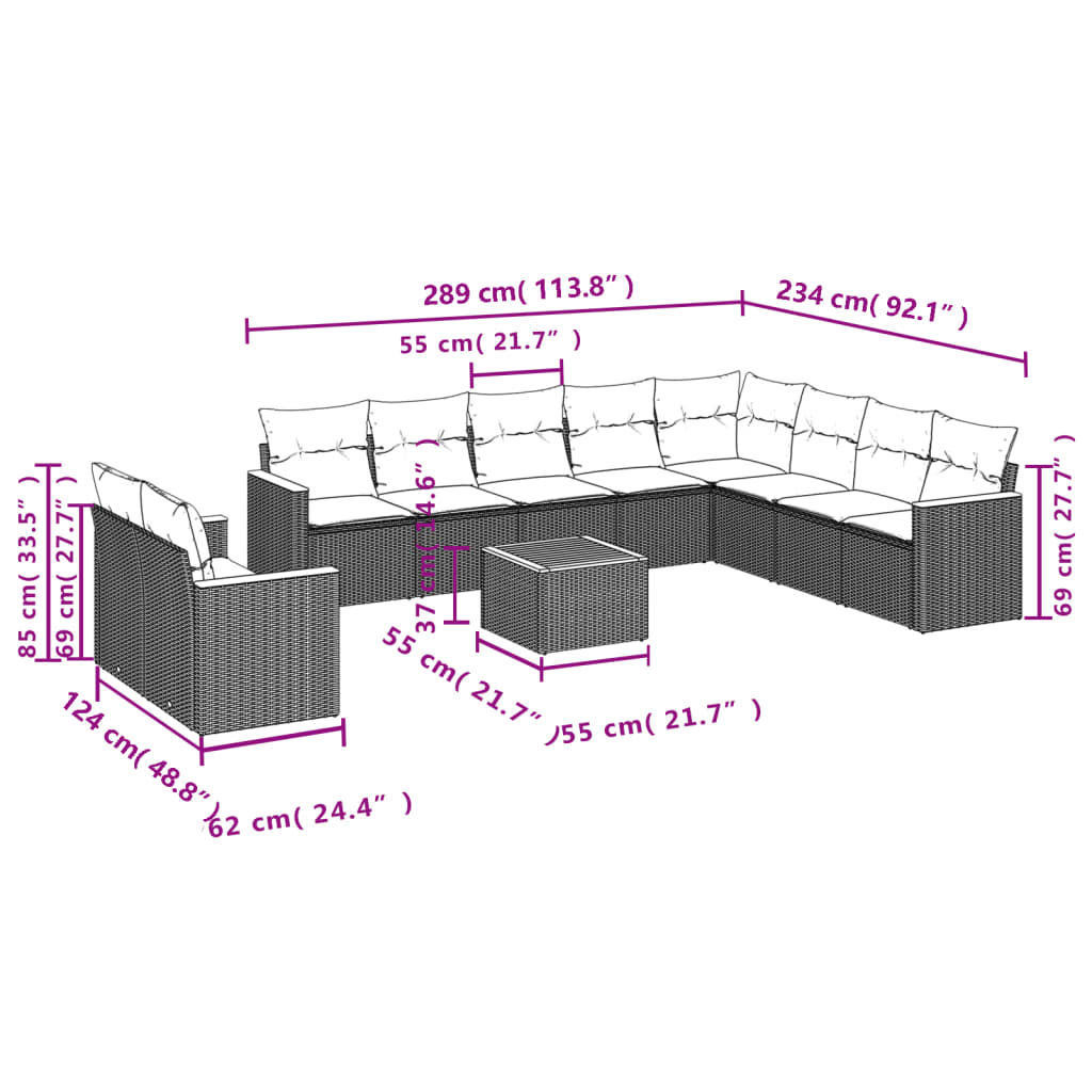 10-teiliges Gartensofa-Set mit Kissen, schwarzes Polyrattan
