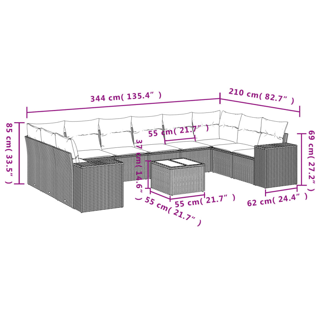 10-tlg. Garten-Sofagarnitur mit Kissen Schwarz Poly Rattan