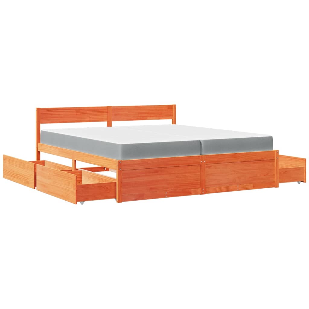Bett mit Schubladen und Matratze 200x200 cm Massivholz Kiefer