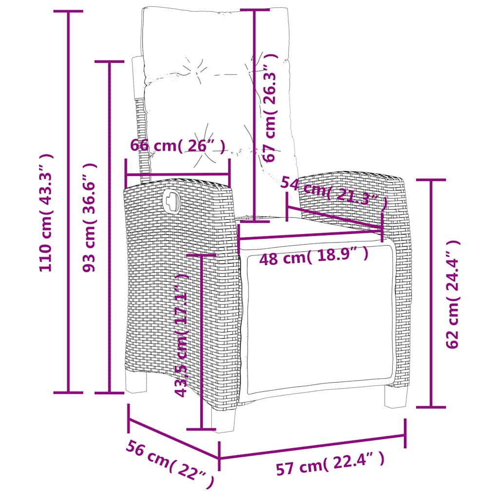 Gartensessel Verstellbar mit Kissen Schwarz Poly Rattan