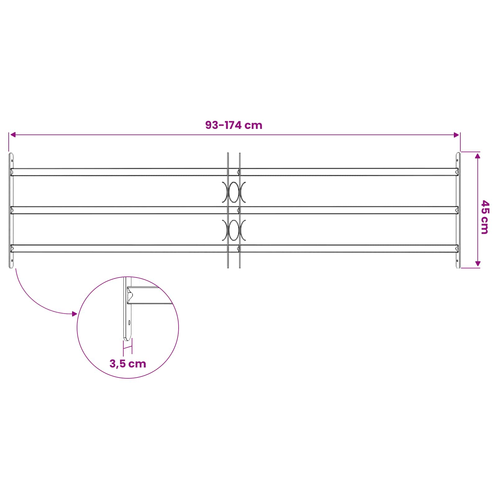 Sicherheitsgitter für Fenster mit 2 Querstangen 43-74 cm