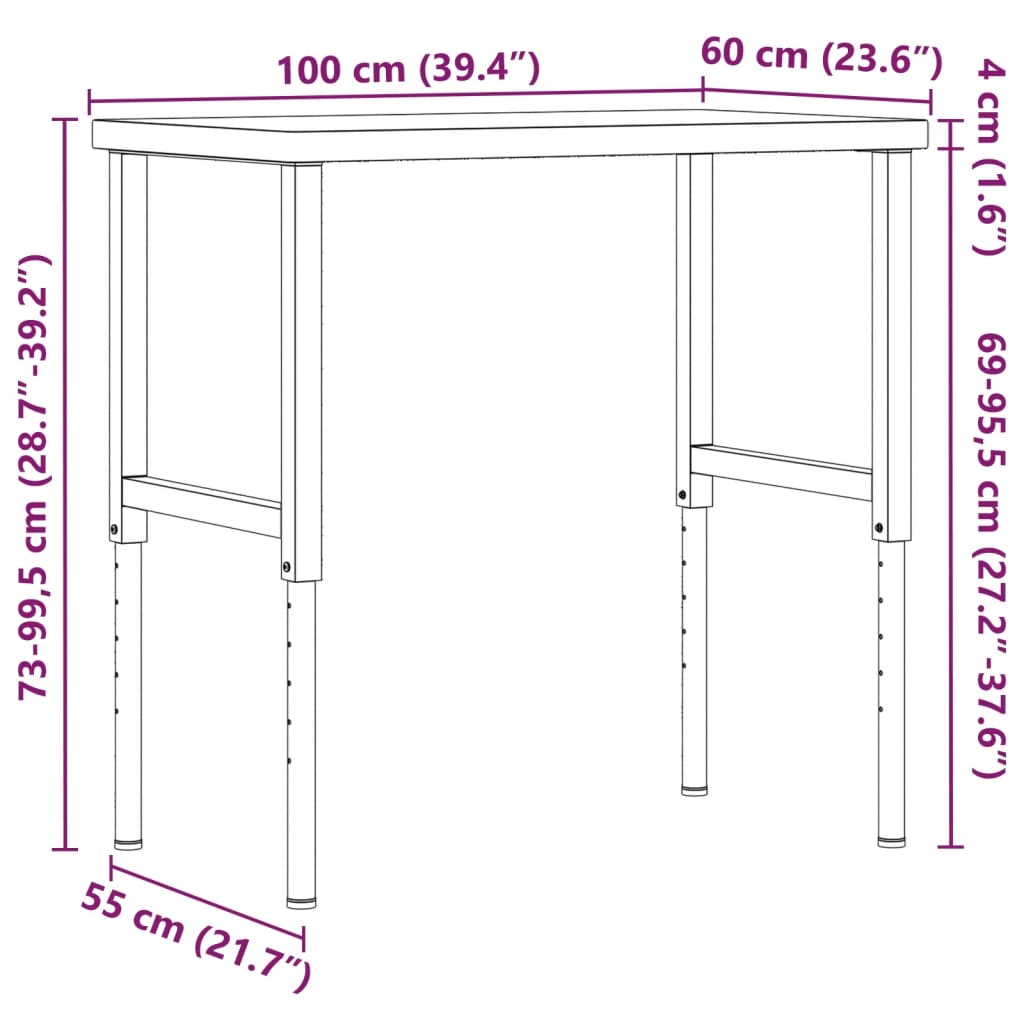 Werkbank 80x60x(73-99,5) cm Massivholz Akazie Rechteckig