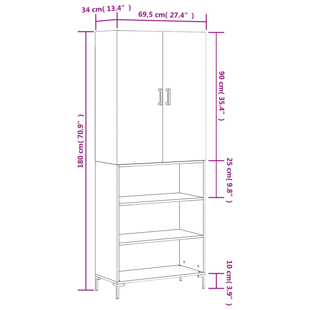 Highboard Betongrau 69,5x34x180 cm Holzwerkstoff