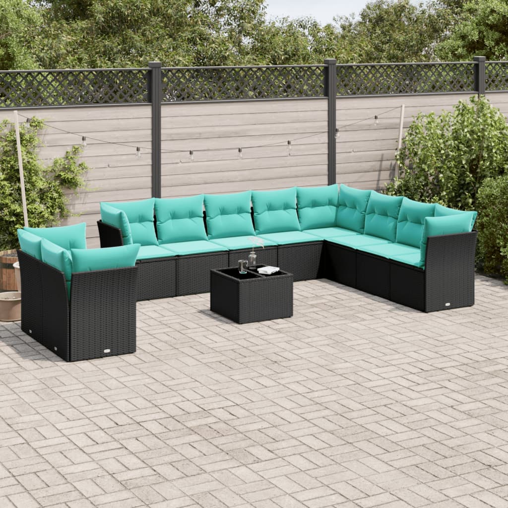 10-teiliges Gartensofa-Set mit Kissen, schwarzes Polyrattan