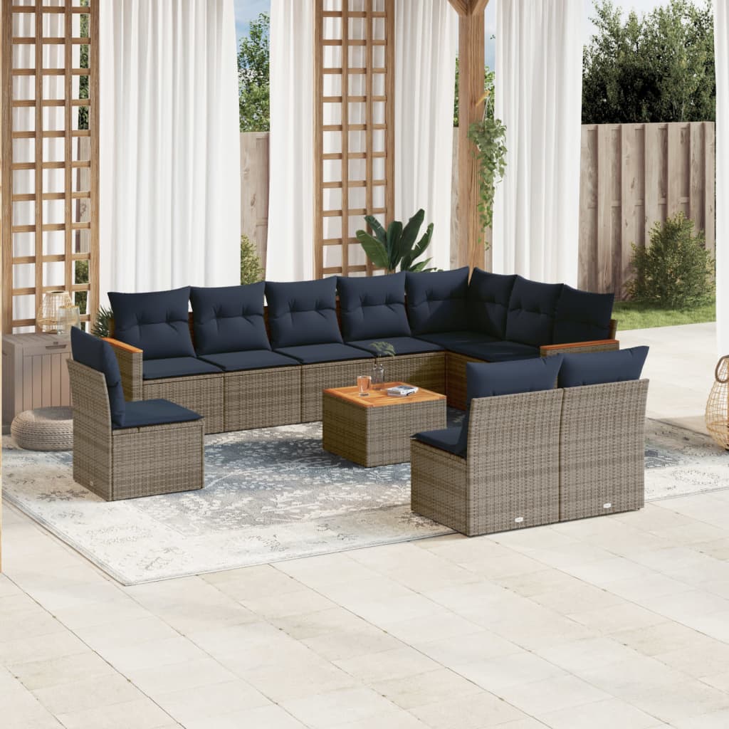 10-teiliges Gartensofa-Set mit Kissen, schwarzes Polyrattan