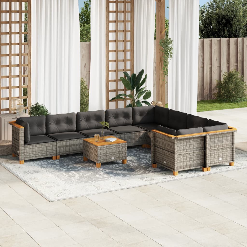 10-tlg. Garten-Sofagarnitur mit Kissen Beige Poly Rattan