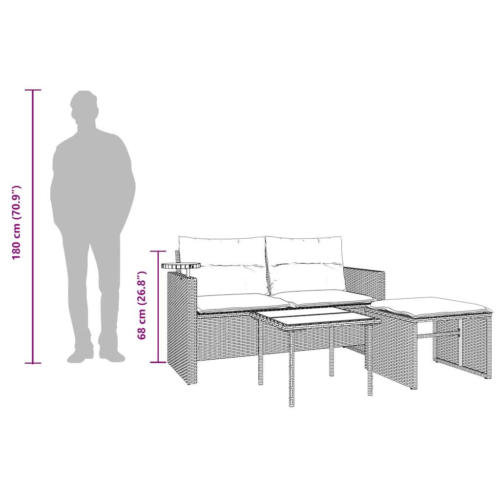 3-teiliges Gartensofa-Set mit Kissen, grau, Polyrattan